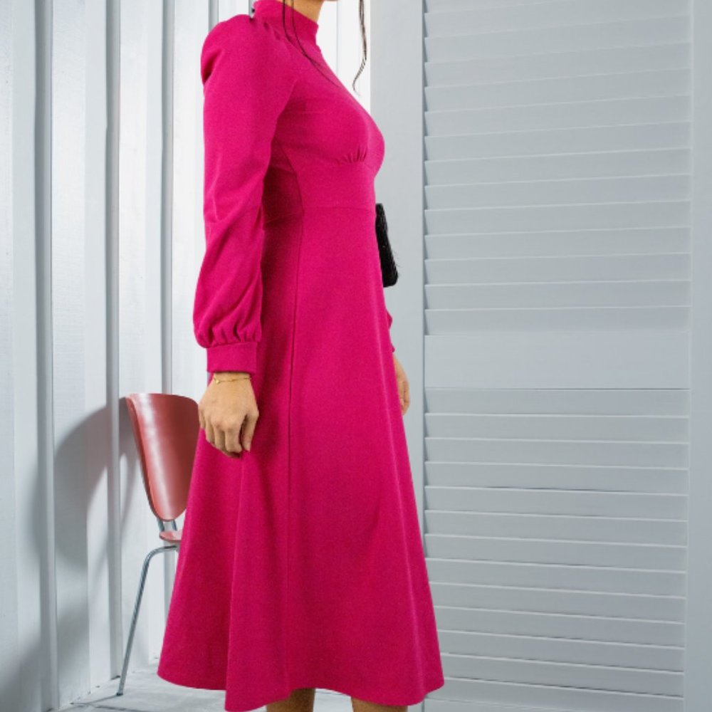 PINK TURTLE NECK KEYHOLE LONG SLEEVE SKATER MIDI DRESS - Picture 3 of 4